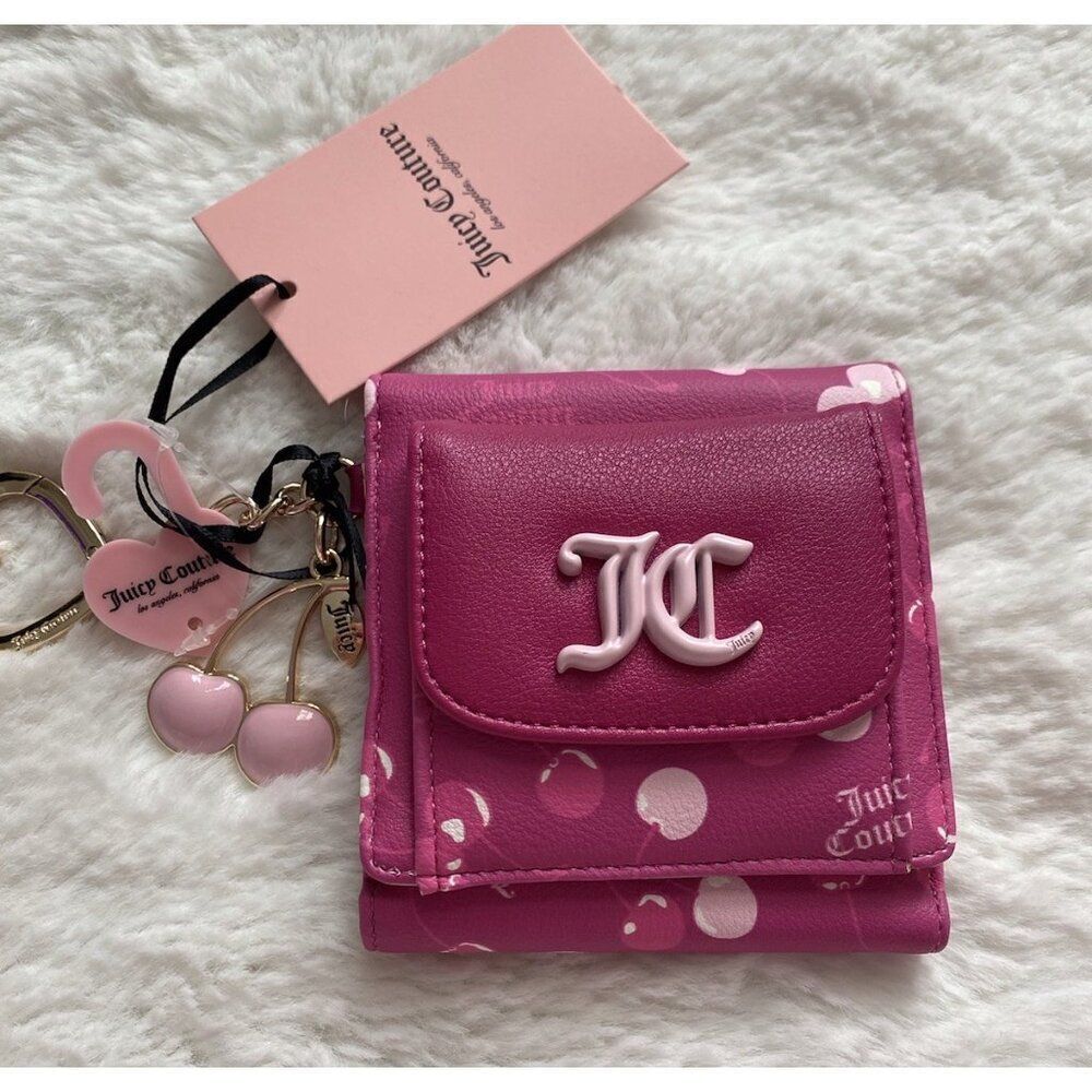 Juicy Couture Cherry On Top Mini Envelope Flap Wallet Trifold Snap Raspberry NEW